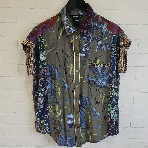 Desigual Tops - Desigual Multicolor Floral Patchwork Blouse - Gray, Blue, Purple, Green, Red